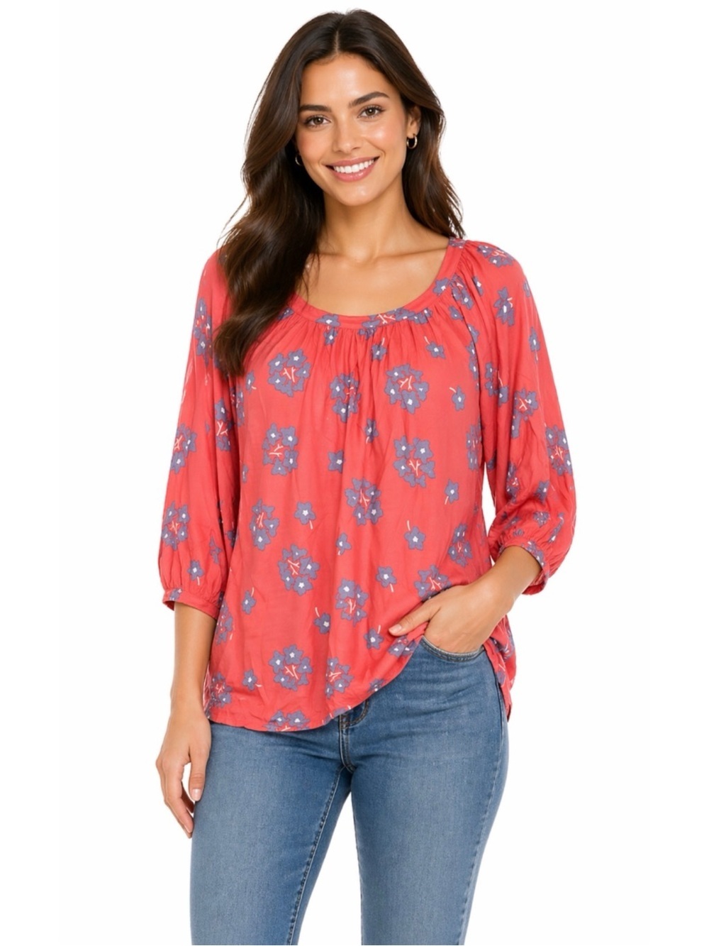 BODEN | Red and Gray Floral Peasant 3/4 Sleeves Top Blouse Sz. 6